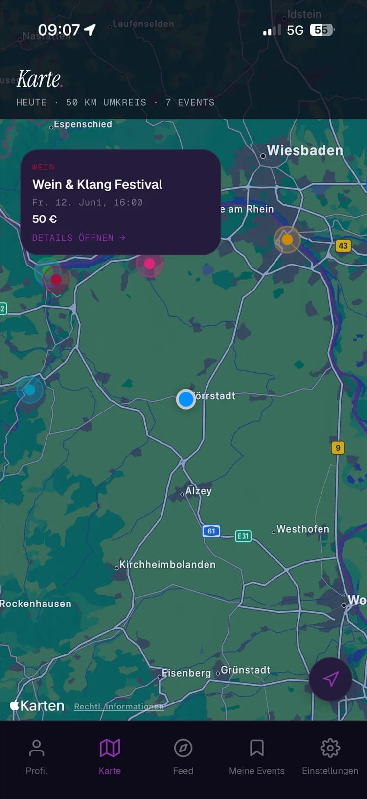 Karte mit Events als Pins in der Region